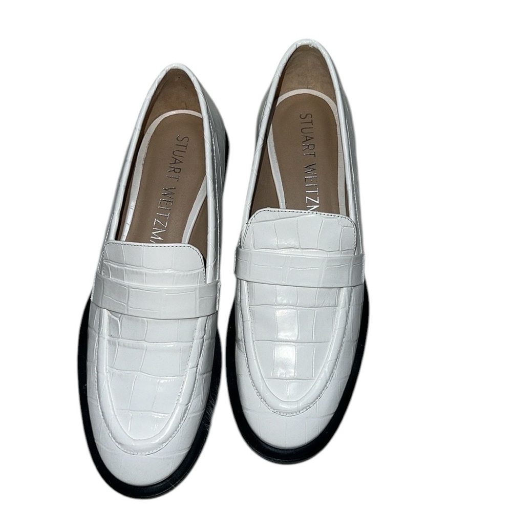 Stuart Weitzman White Croc-Embossed Leather Penny Loafers - Picture 2 of 9